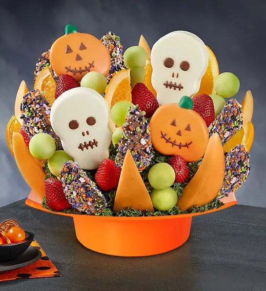 Pumpkin and Skull Fruit Arrangement